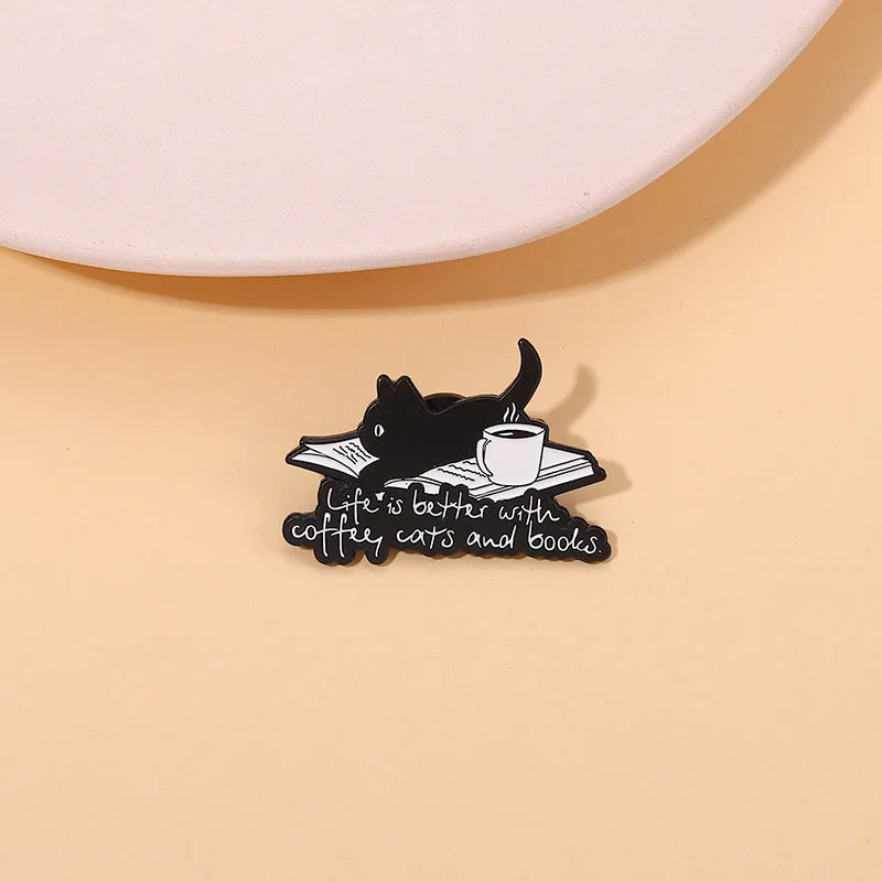 Cute Cartoon Animal Enamel Pin Life is Better with Coffee Cats and Books Brooch Decorative Metal Lapel Jewelry Badge for Friends