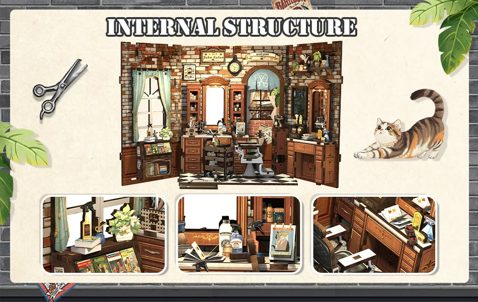 CUTEBEE Wooden Dollhouse DIY Book Nook Kit Miniature Bookshelf Insert with LED Light Gift Idea for John's Hair Salon