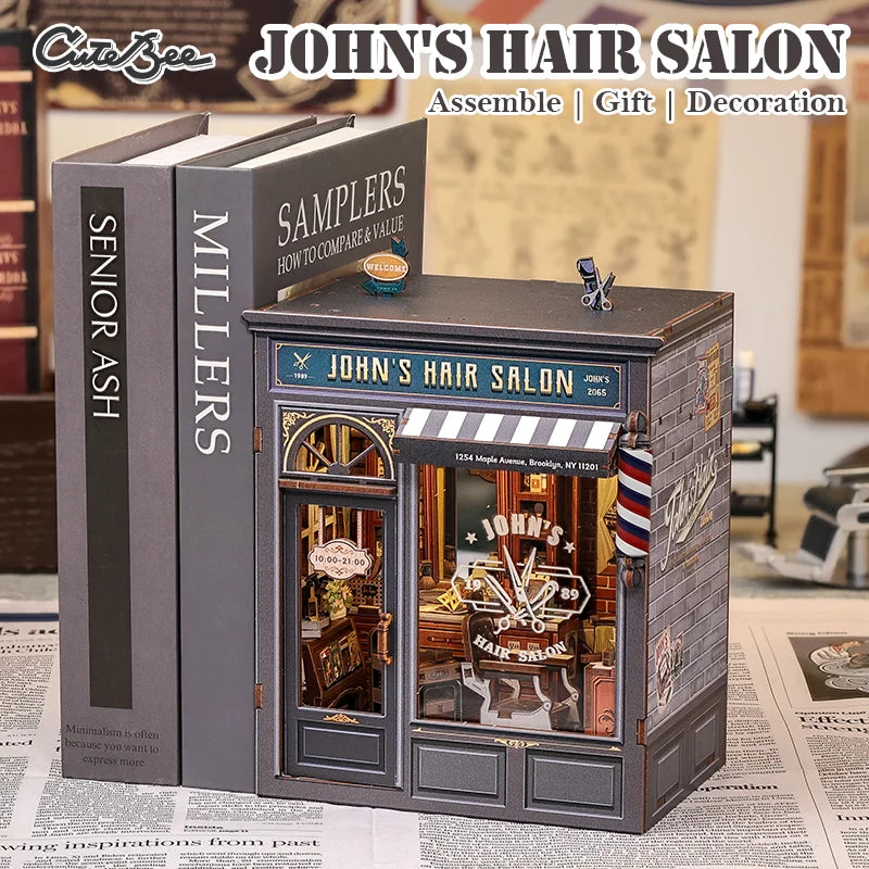 CUTEBEE Wooden Dollhouse DIY Book Nook Kit Miniature Bookshelf Insert with LED Light Gift Idea for John's Hair Salon