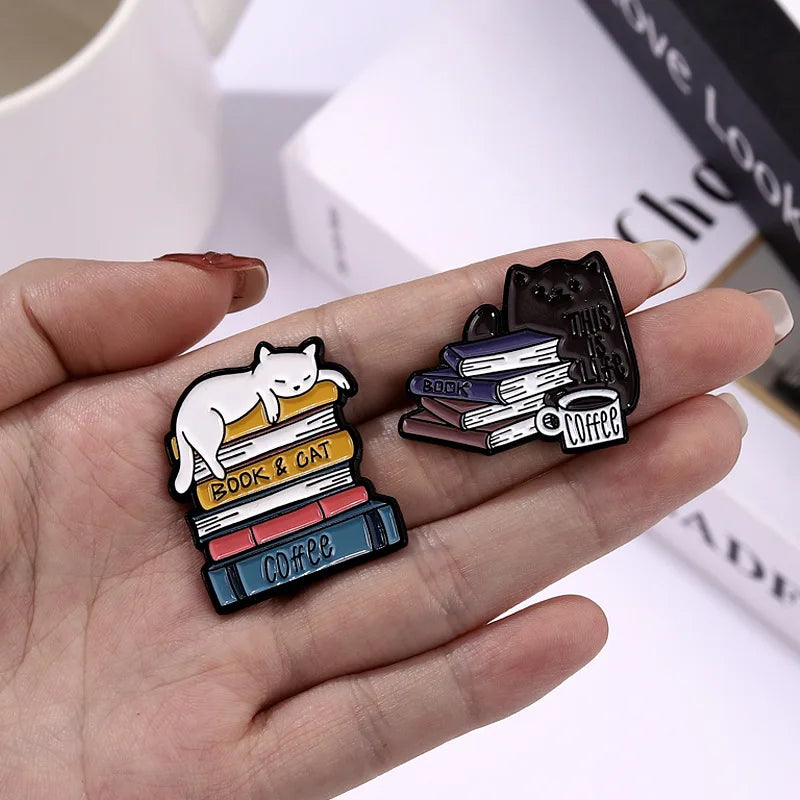 Book Cat Reading Coffee Enamel Pins Cartoon Animal Brooches for Bag Clothes Lapel Pin Decorative Badges for Book lover Wholesale