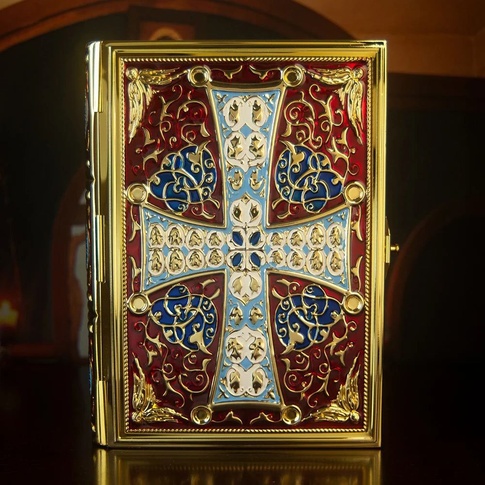 HTISOK Orthodox Bible Book Cover Gold Plated Enamel with Trinity Icon Liturgical Religious Book Case Orthodox Bible Book Cover