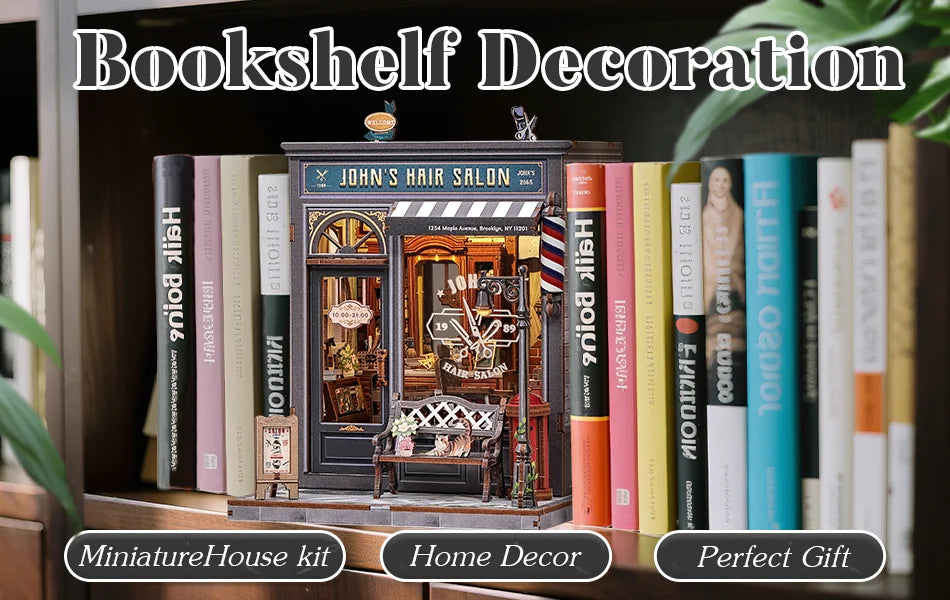 CUTEBEE Wooden Dollhouse DIY Book Nook Kit Miniature Bookshelf Insert with LED Light Gift Idea for John's Hair Salon