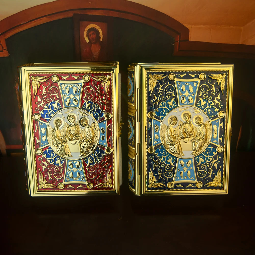 HTISOK Orthodox Bible Book Cover Gold Plated Enamel with Trinity Icon Liturgical Religious Book Case Orthodox Bible Book Cover