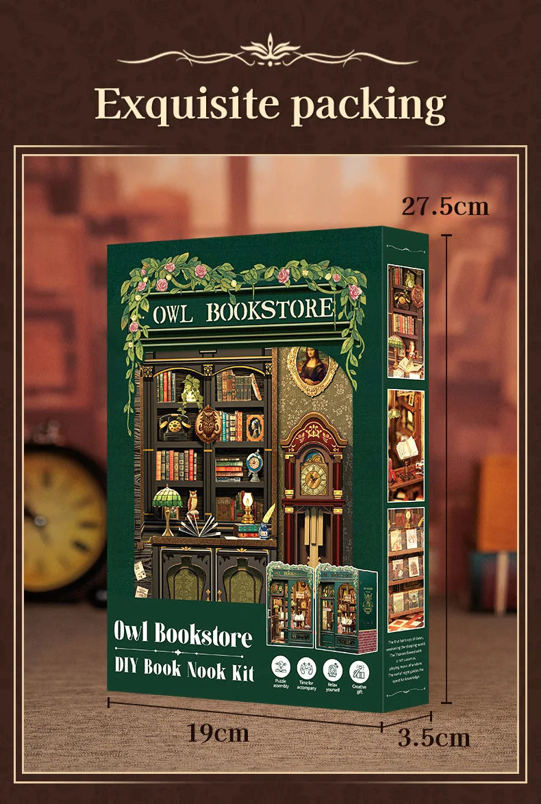 CUTEBEE DIY Book Nook Kit Miniature Dollhouse with Light Wooden Bookshelf Insert Retro Booknook Decor for Gifts Bookshop Series