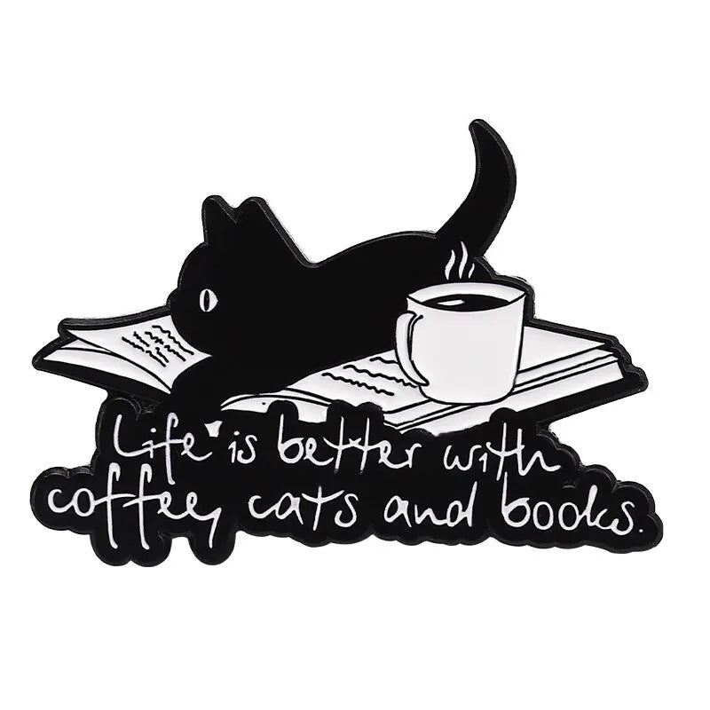 Cute Cartoon Animal Enamel Pin Life is Better with Coffee Cats and Books Brooch Decorative Metal Lapel Jewelry Badge for Friends