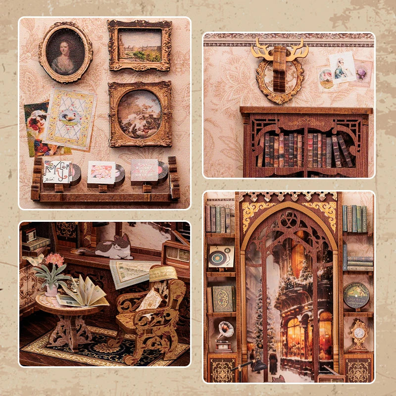 CUTEBEE DIY Book Nook Kit Miniature Wooden Dollhouse with Lights Bookshelf Insert 3D Puzzle Decor Model for Gifts Owl Bookstore