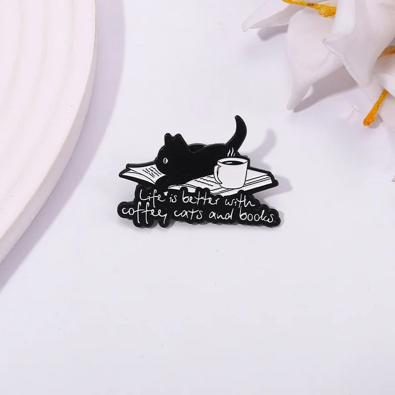 Cute Cartoon Animal Enamel Pin Life is Better with Coffee Cats and Books Brooch Decorative Metal Lapel Jewelry Badge for Friends