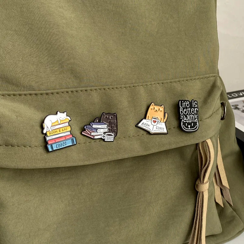 Book Cat Reading Coffee Enamel Pins Cartoon Animal Brooches for Bag Clothes Lapel Pin Decorative Badges for Book lover Wholesale