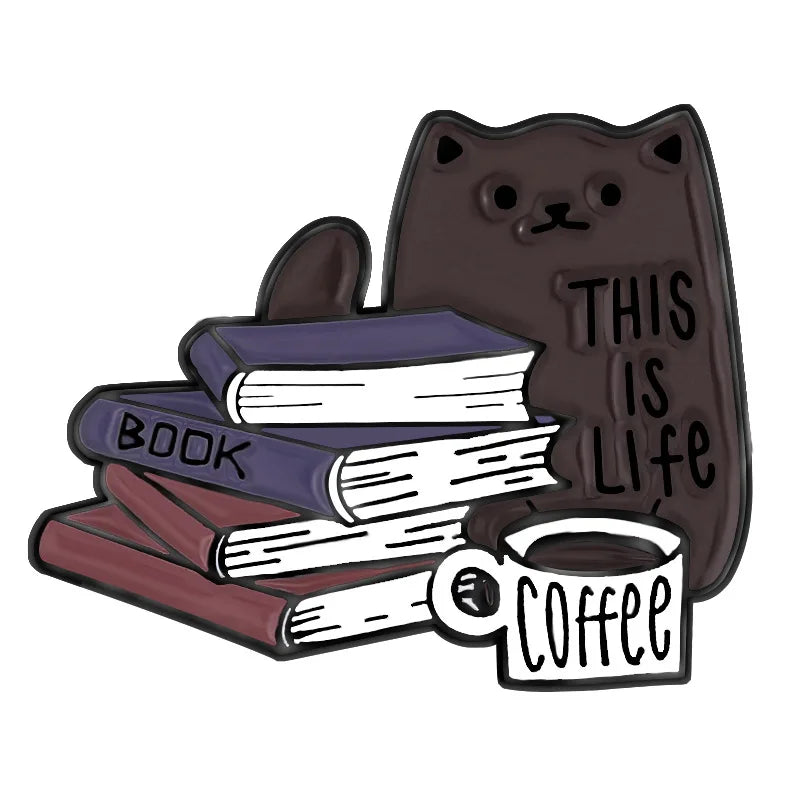Book Cat Reading Coffee Enamel Pins Cartoon Animal Brooches for Bag Clothes Lapel Pin Decorative Badges for Book lover Wholesale