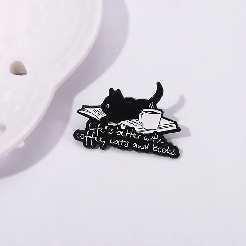 Cute Cartoon Animal Enamel Pin Life is Better with Coffee Cats and Books Brooch Decorative Metal Lapel Jewelry Badge for Friends