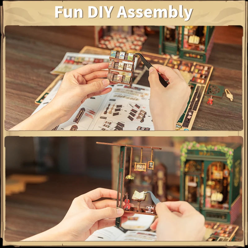 CUTEBEE DIY Book Nook Kit Miniature Wooden Dollhouse with Lights Bookshelf Insert 3D Puzzle Decor Model for Gifts Owl Bookstore