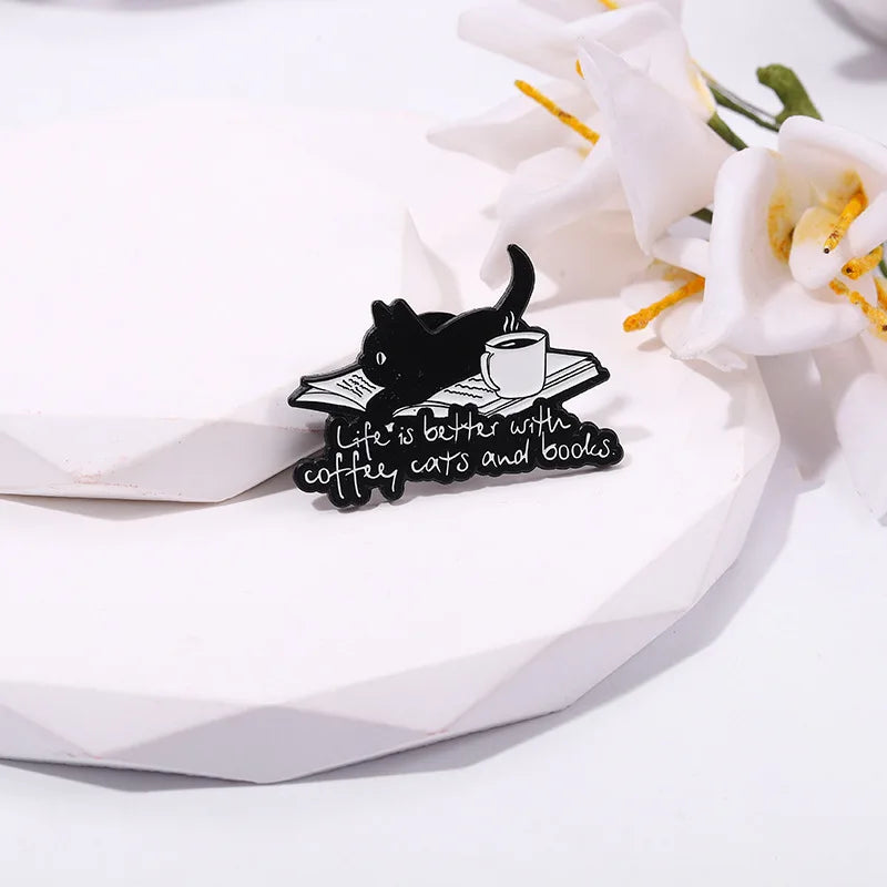 Cute Cartoon Animal Enamel Pin Life is Better with Coffee Cats and Books Brooch Decorative Metal Lapel Jewelry Badge for Friends