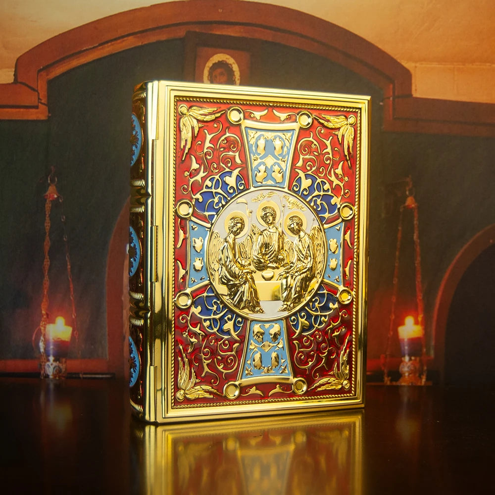 HTISOK Orthodox Bible Book Cover Gold Plated Enamel with Trinity Icon Liturgical Religious Book Case Orthodox Bible Book Cover