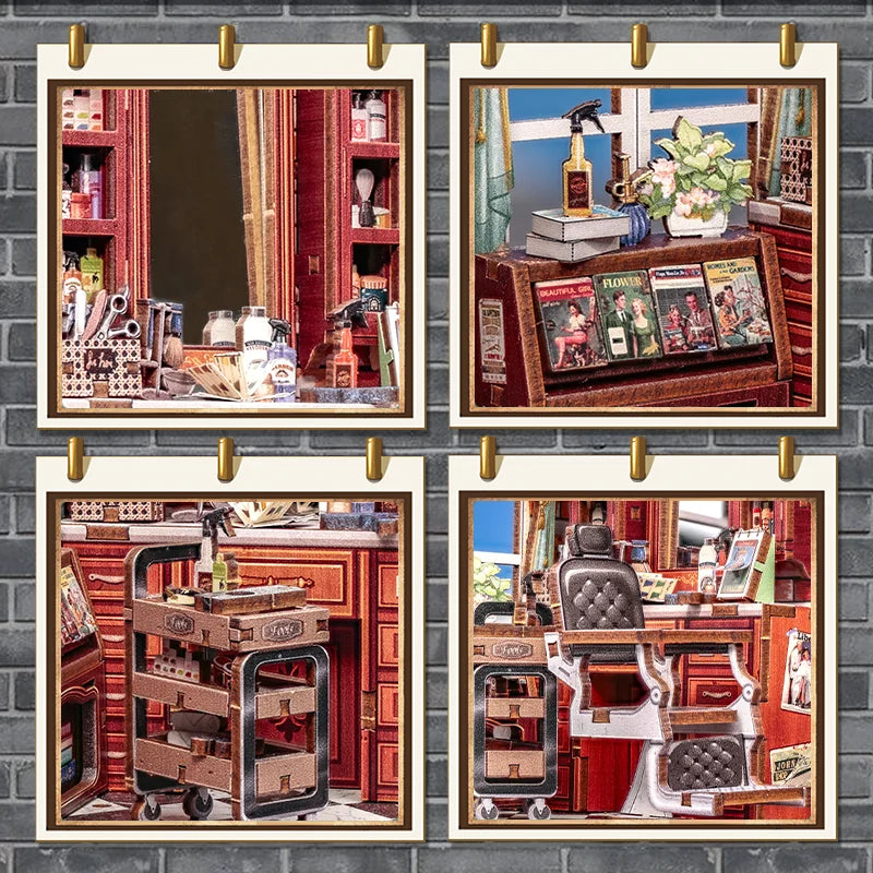 CUTEBEE Wooden Dollhouse DIY Book Nook Kit Miniature Bookshelf Insert with LED Light Gift Idea for John's Hair Salon