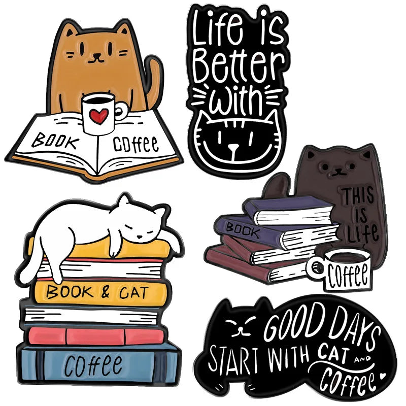Book Cat Reading Coffee Enamel Pins Cartoon Animal Brooches for Bag Clothes Lapel Pin Decorative Badges for Book lover Wholesale