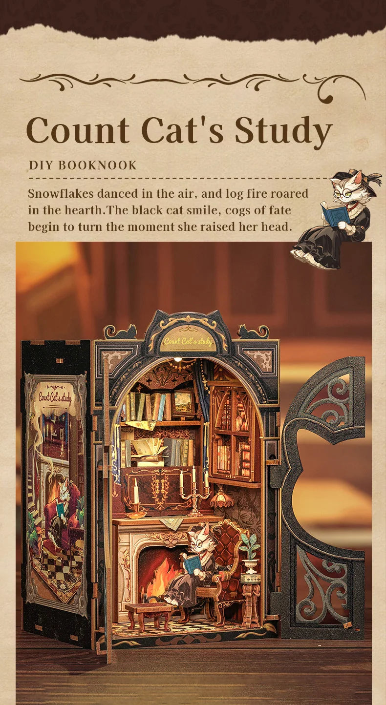 CUTEBEE DIY Book Nook Kit Miniature Dollhouse with Light Wooden Bookshelf Insert Retro Booknook Decor for Gifts Bookshop Series