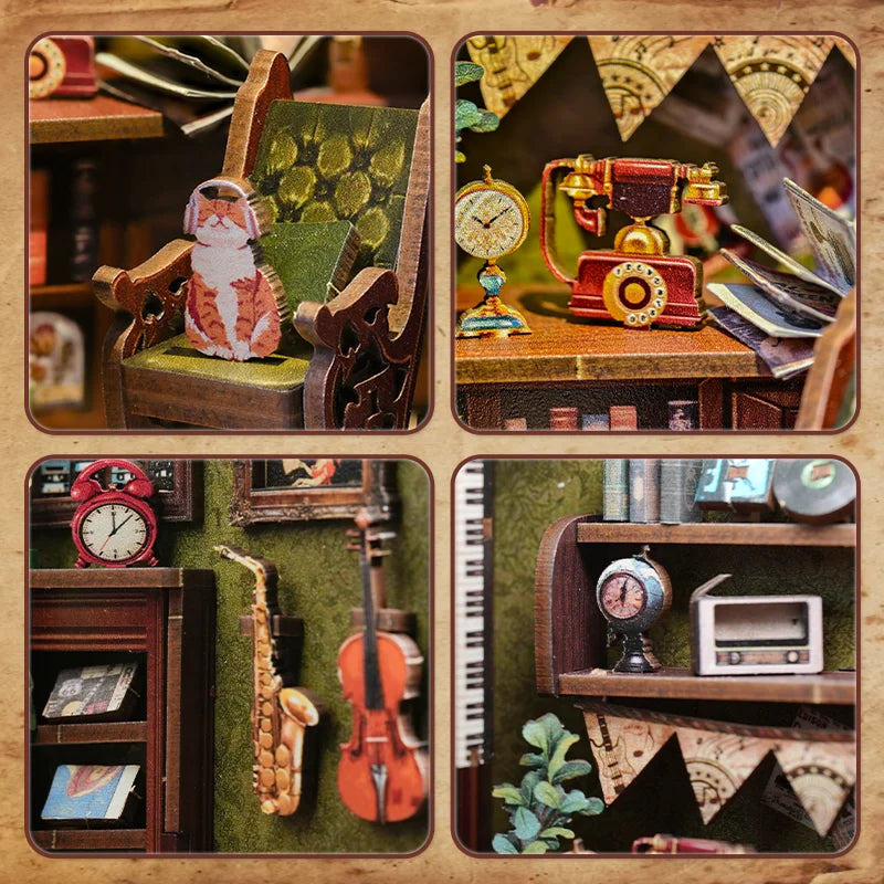 CUTEBEE DIY Book Nook Kit Miniature Wooden Dollhouse with Lights Bookshelf Insert 3D Puzzle Decor Model for Gifts Owl Bookstore