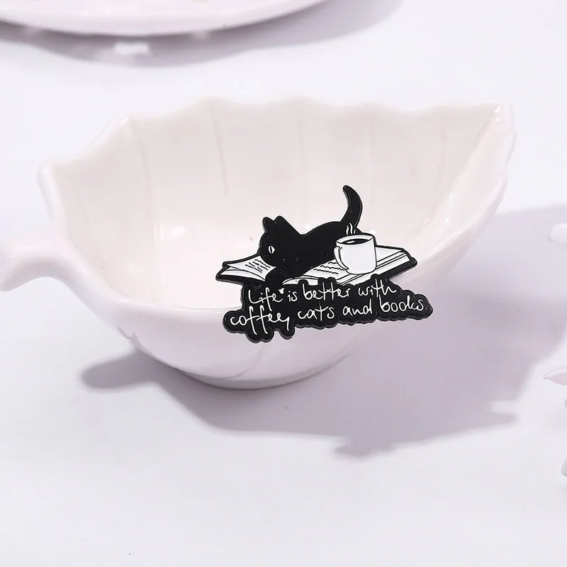 Cute Cartoon Animal Enamel Pin Life is Better with Coffee Cats and Books Brooch Decorative Metal Lapel Jewelry Badge for Friends
