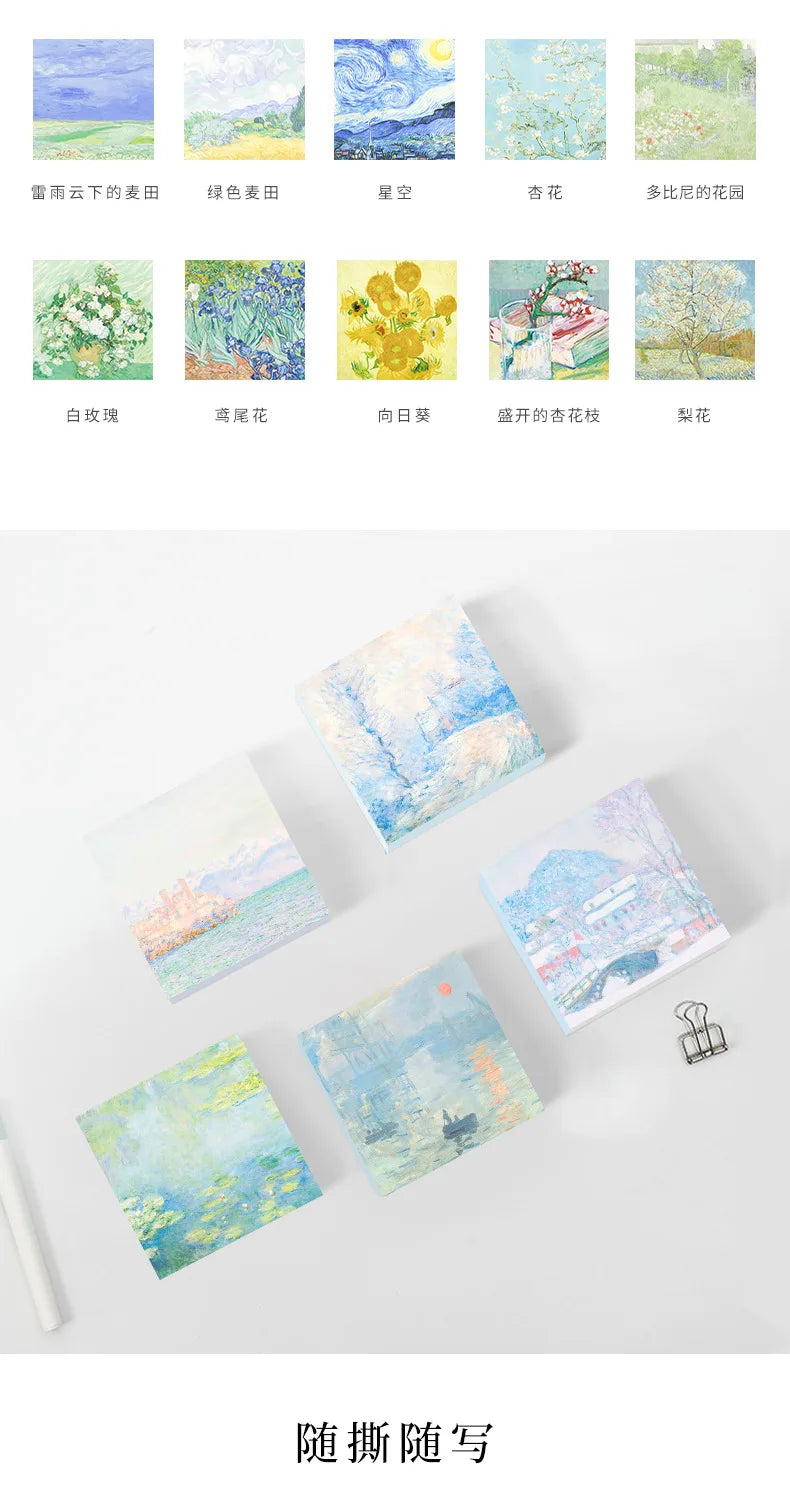 Painting Memo Pad Monet Van Gogh No-sticky Note Decal Scrapbooking DIY Notepad Diary Stationery School Supplies