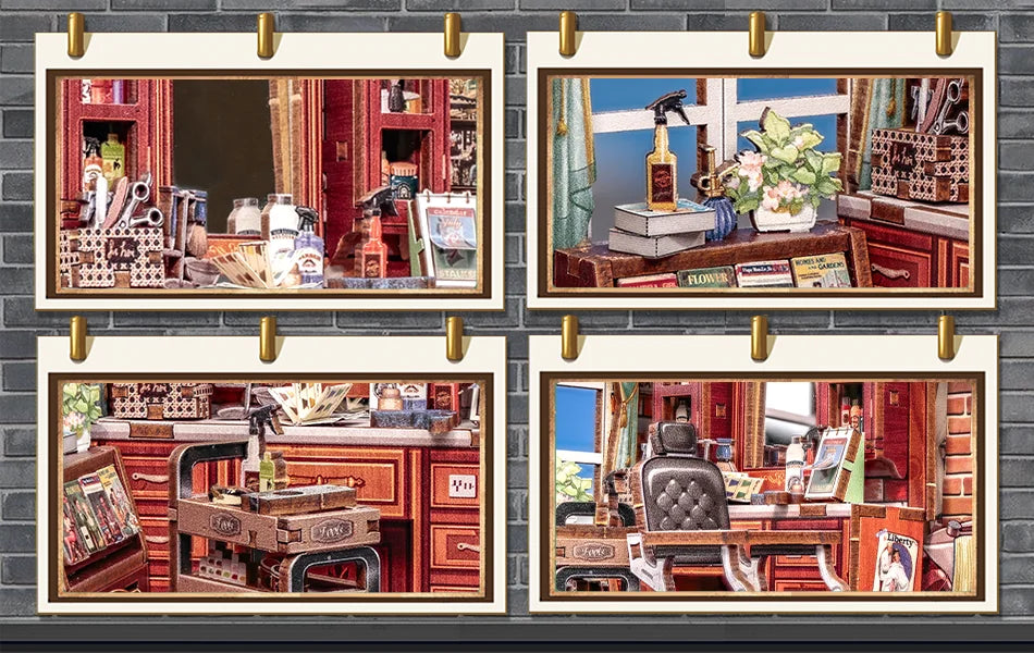 CUTEBEE Wooden Dollhouse DIY Book Nook Kit Miniature Bookshelf Insert with LED Light Gift Idea for John's Hair Salon