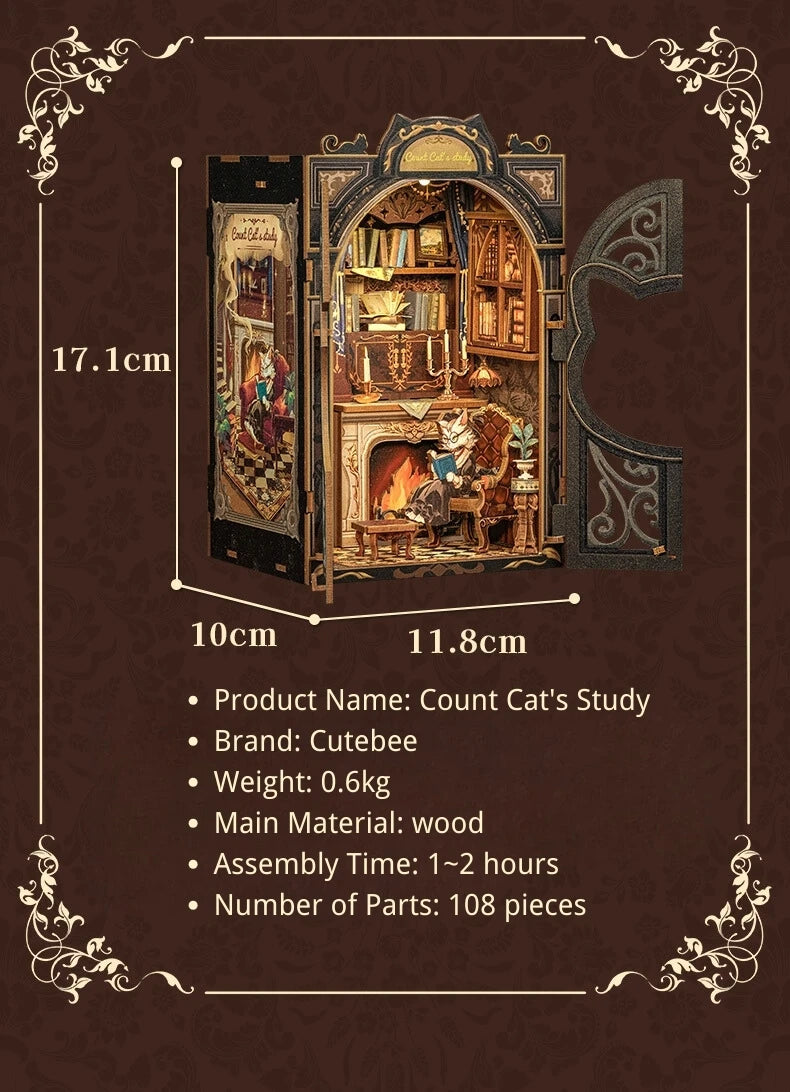CUTEBEE DIY Book Nook Kit Miniature Wooden Dollhouse with Lights Bookshelf Insert 3D Puzzle Decor Model for Gifts Owl Bookstore