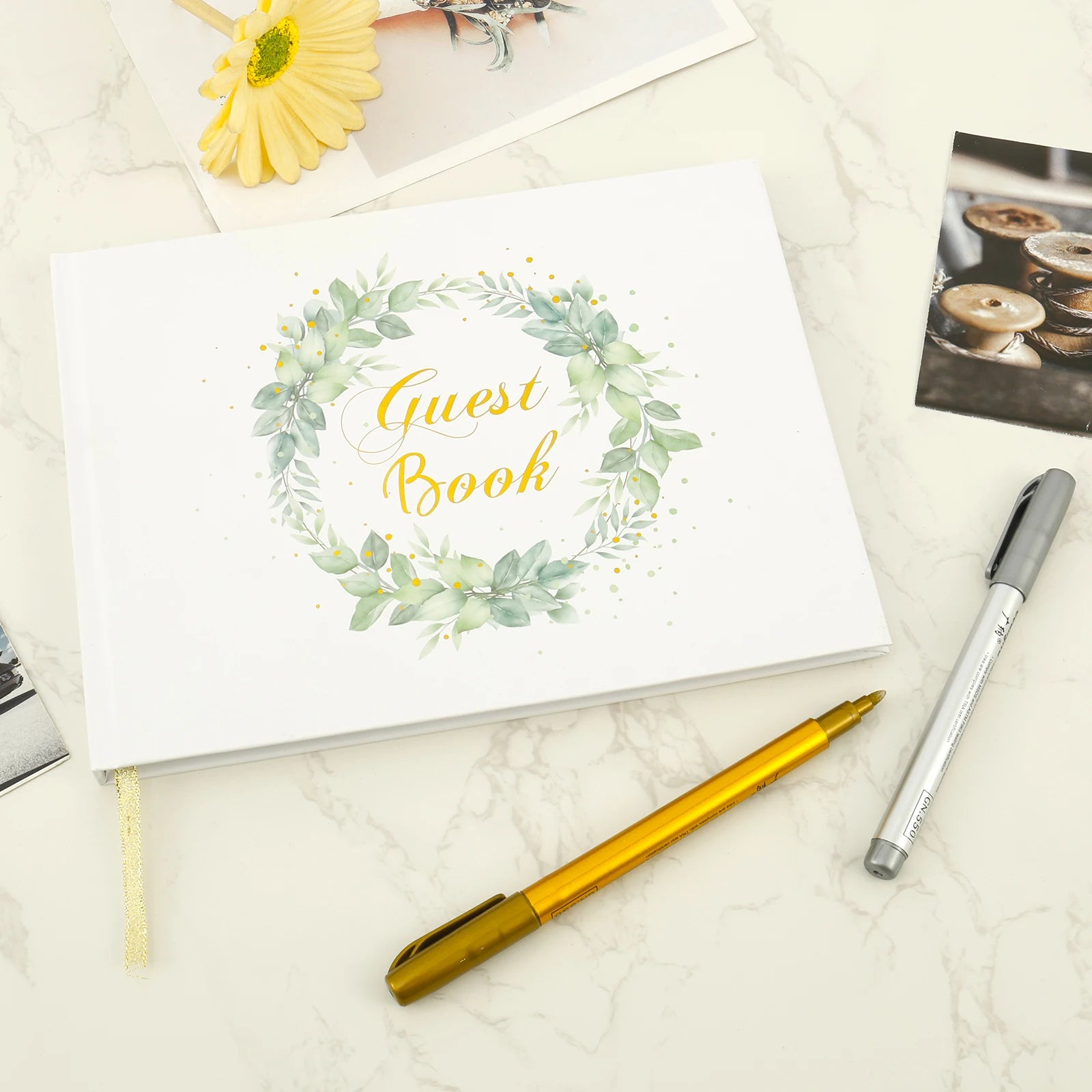 Wreath Print Cover Wedding Guest Book Versatile Smooth Writing Memory Wedding Book With 2 Pen for Baby Shower Anniversary