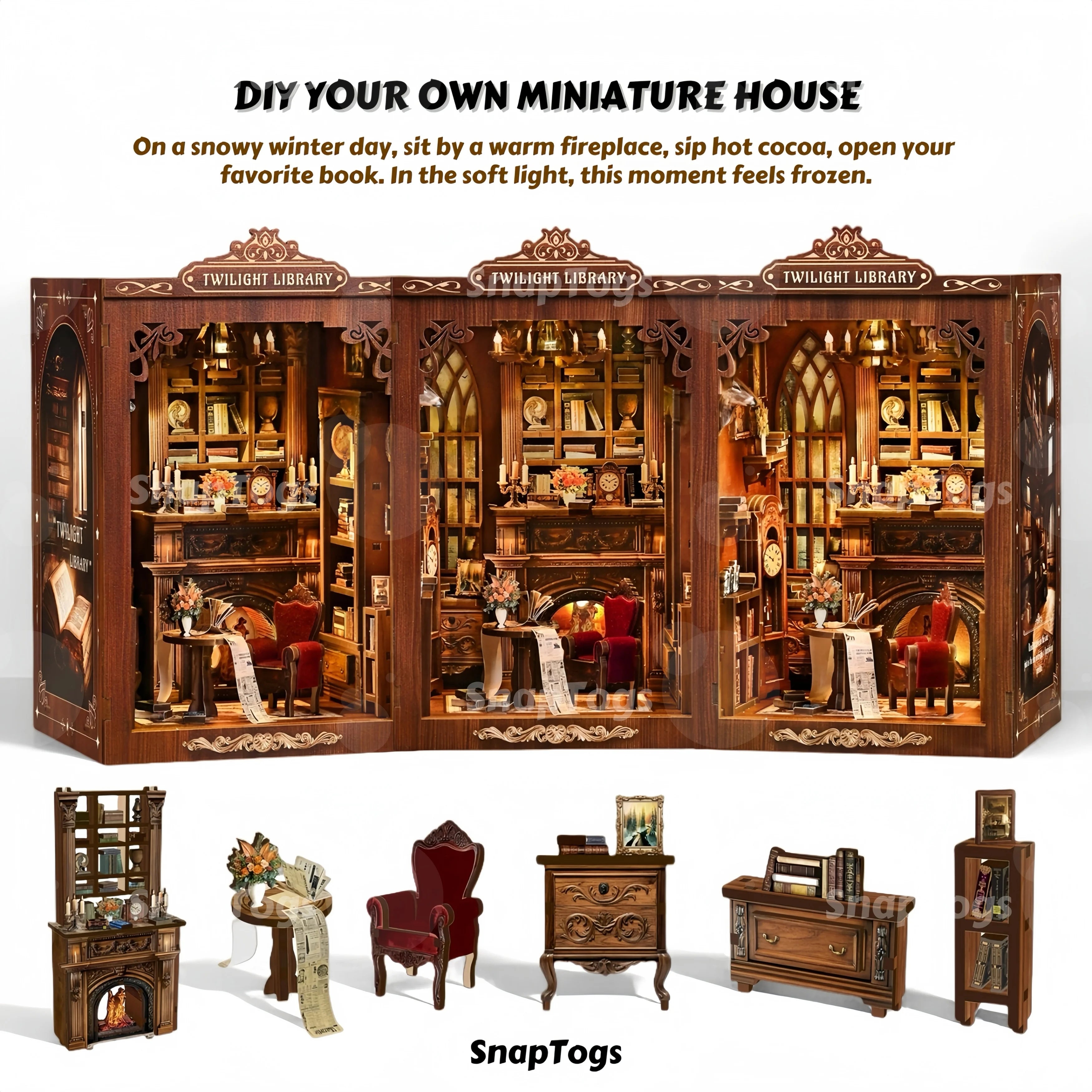 SnapTogs Enchanting DIY Miniature House Vintage Doll House & Tiny House Craft Kits 3D Wooden Puzzle Set for Book Nook & Roombox