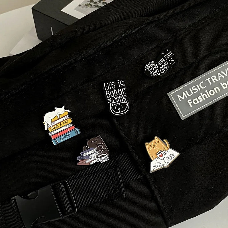Book Cat Reading Coffee Enamel Pins Cartoon Animal Brooches for Bag Clothes Lapel Pin Decorative Badges for Book lover Wholesale