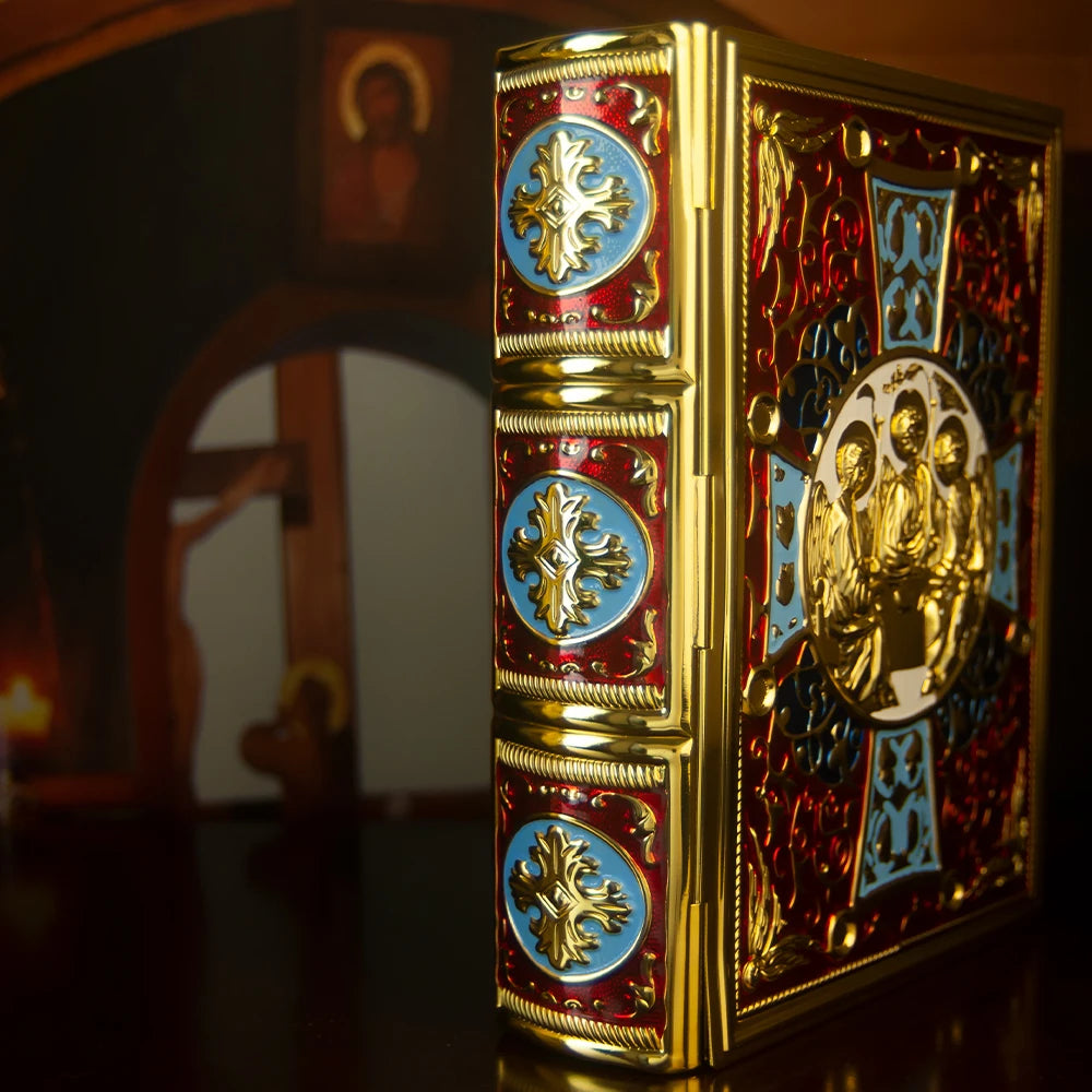 HTISOK Orthodox Bible Book Cover Gold Plated Enamel with Trinity Icon Liturgical Religious Book Case Orthodox Bible Book Cover