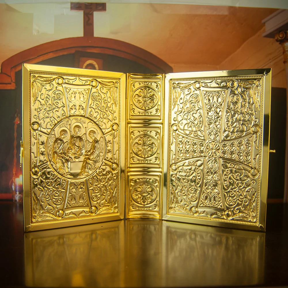 HTISOK Orthodox Bible Book Cover Gold Plated Enamel with Trinity Icon Liturgical Religious Book Case Orthodox Bible Book Cover