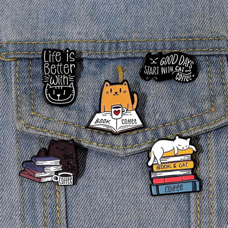Book Cat Reading Coffee Enamel Pins Cartoon Animal Brooches for Bag Clothes Lapel Pin Decorative Badges for Book lover Wholesale