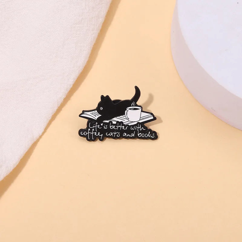 Cute Cartoon Animal Enamel Pin Life is Better with Coffee Cats and Books Brooch Decorative Metal Lapel Jewelry Badge for Friends