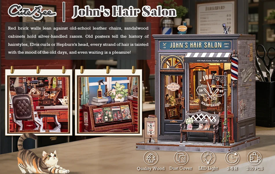 CUTEBEE Wooden Dollhouse DIY Book Nook Kit Miniature Bookshelf Insert with LED Light Gift Idea for John's Hair Salon