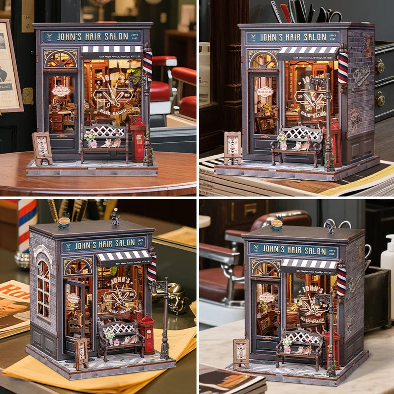 CUTEBEE Wooden Dollhouse DIY Book Nook Kit Miniature Bookshelf Insert with LED Light Gift Idea for John's Hair Salon