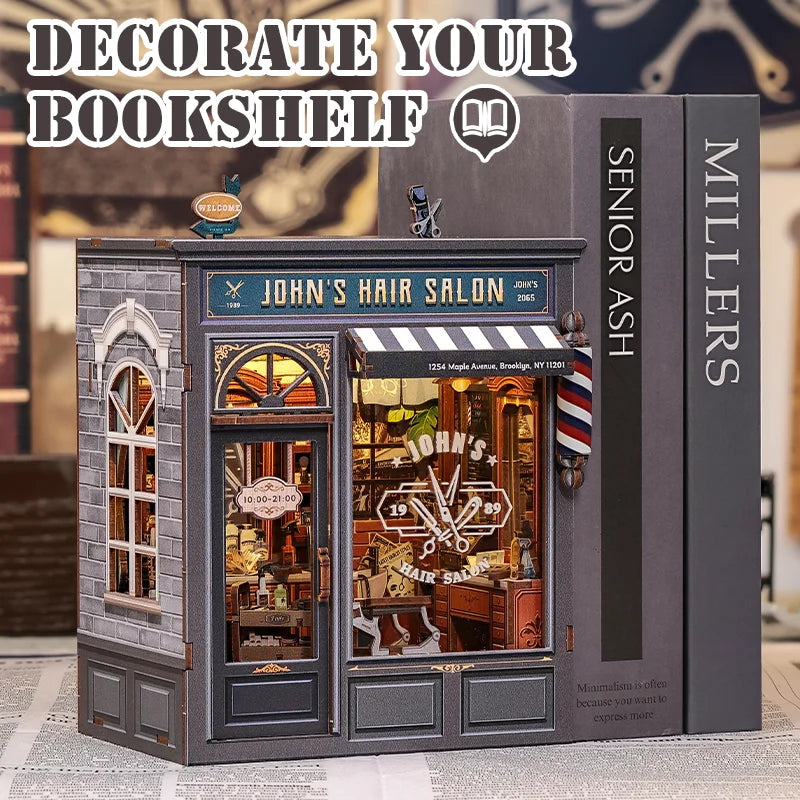 CUTEBEE Wooden Dollhouse DIY Book Nook Kit Miniature Bookshelf Insert with LED Light Gift Idea for John's Hair Salon