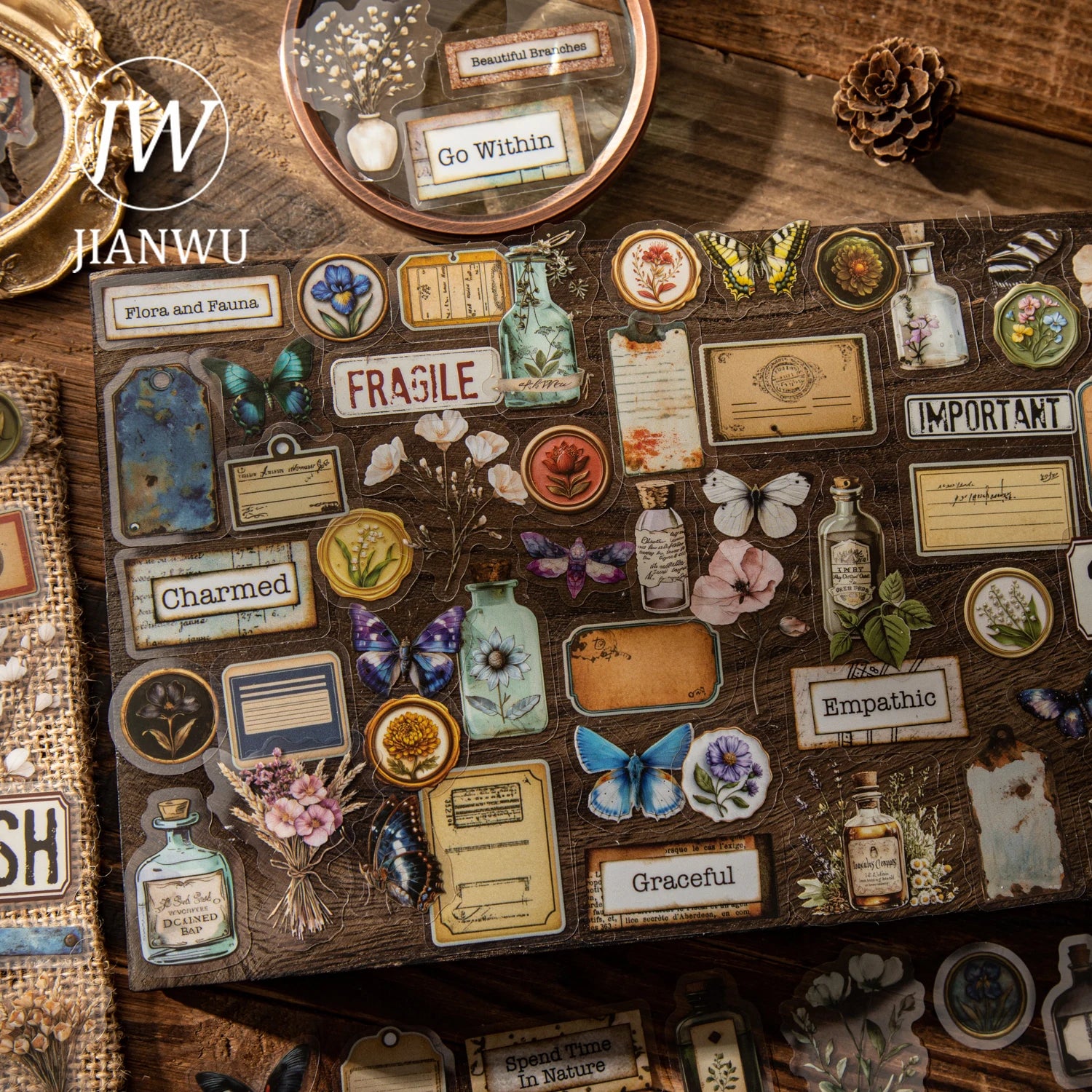 JIANWUDream of Delirium Series Vintage Flower Butterfly Label Landscape Material Collage PET Sticker Creative Journal Stationery