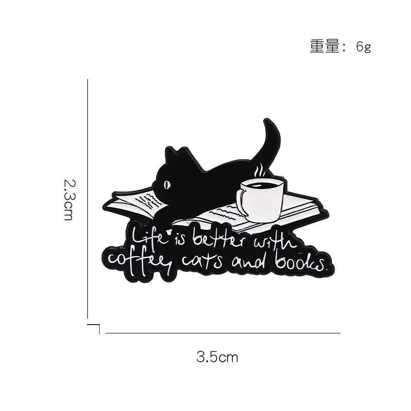 Cute Cartoon Animal Enamel Pin Life is Better with Coffee Cats and Books Brooch Decorative Metal Lapel Jewelry Badge for Friends
