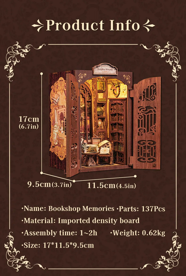 CUTEBEE DIY Book Nook Kit Miniature Dollhouse with Light Wooden Bookshelf Insert Retro Booknook Decor for Gifts Bookshop Series