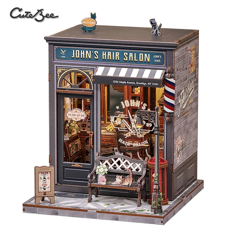 CUTEBEE Wooden Dollhouse DIY Book Nook Kit Miniature Bookshelf Insert with LED Light Gift Idea for John's Hair Salon