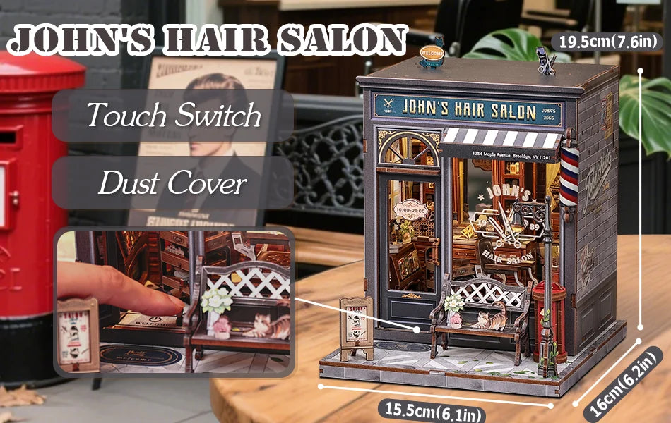 CUTEBEE Wooden Dollhouse DIY Book Nook Kit Miniature Bookshelf Insert with LED Light Gift Idea for John's Hair Salon