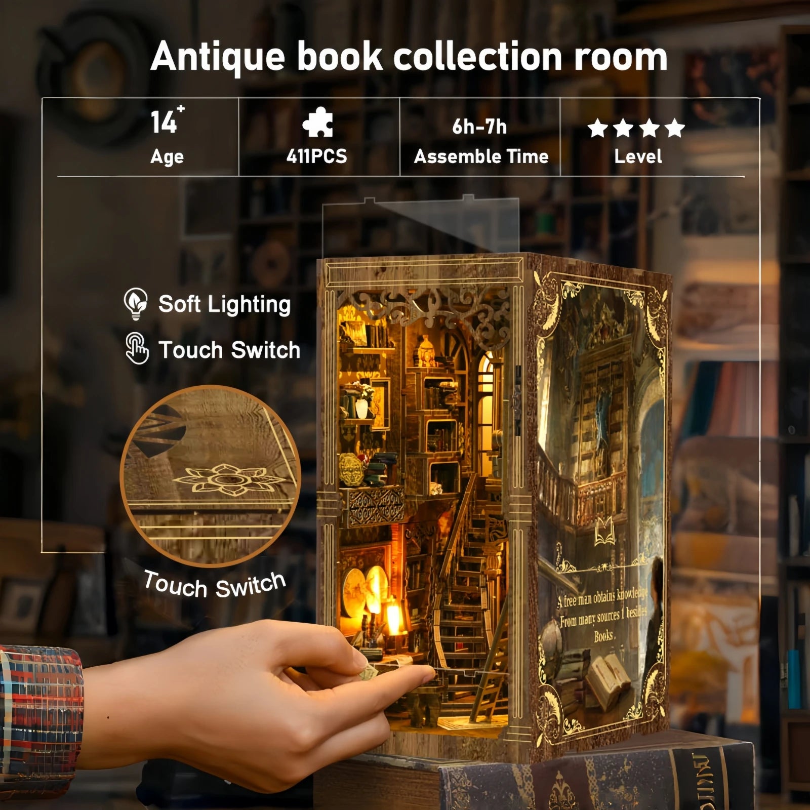 SnapTogs DIY Antique Book Collection Room Book Nook 3D Wooden Puzzle Miniature Dollhouse Tiny House Roombox Craft Kit for Gift