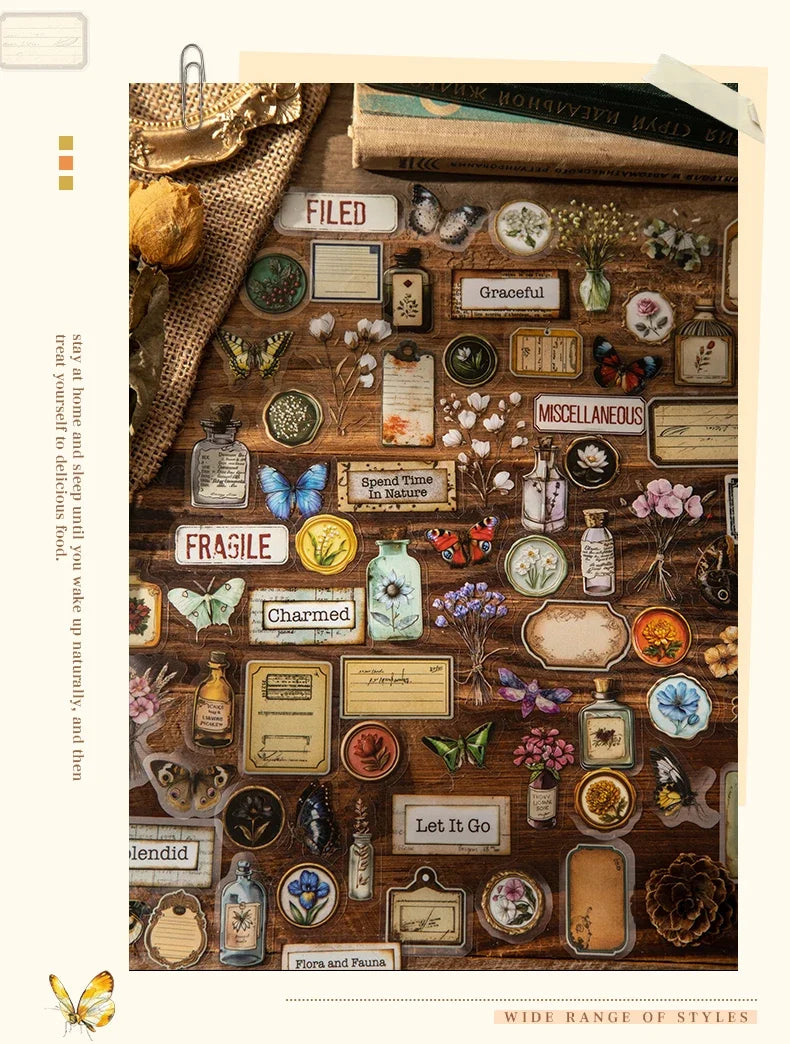 JIANWUDream of Delirium Series Vintage Flower Butterfly Label Landscape Material Collage PET Sticker Creative Journal Stationery