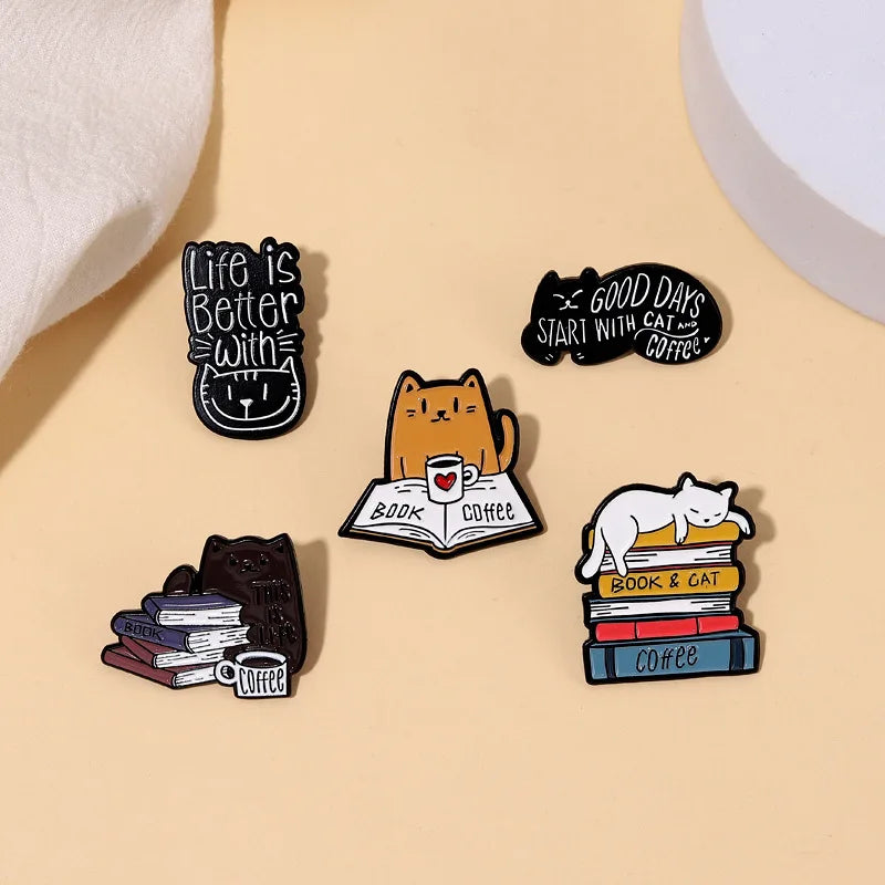 Book Cat Reading Coffee Enamel Pins Cartoon Animal Brooches for Bag Clothes Lapel Pin Decorative Badges for Book lover Wholesale