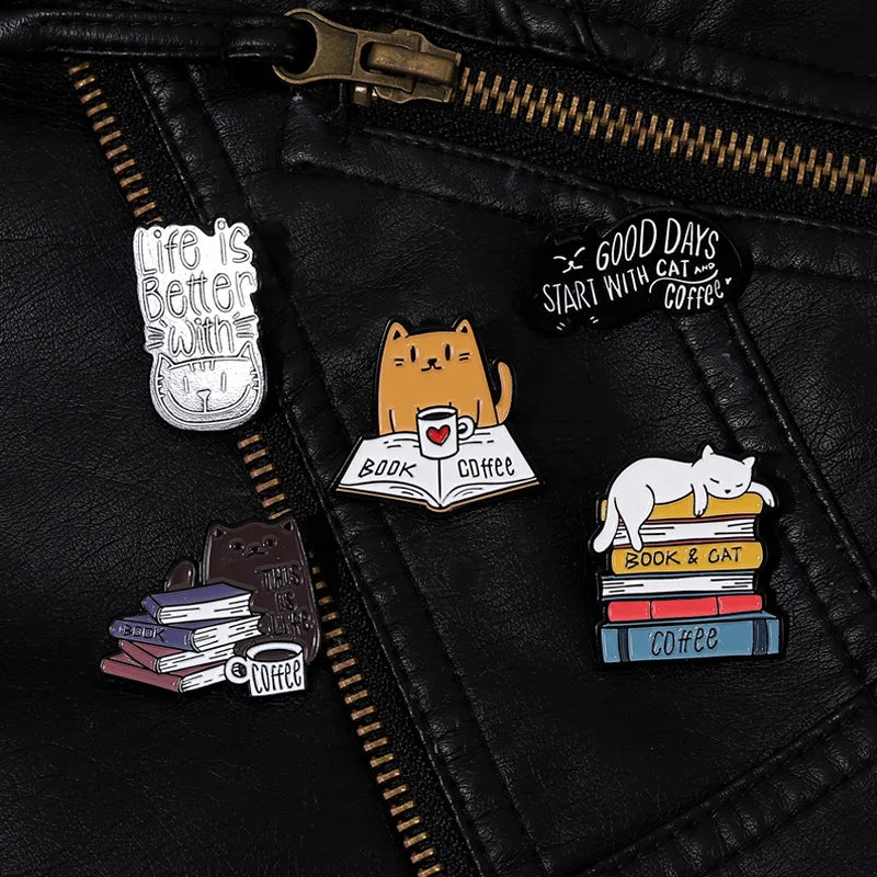 Book Cat Reading Coffee Enamel Pins Cartoon Animal Brooches for Bag Clothes Lapel Pin Decorative Badges for Book lover Wholesale