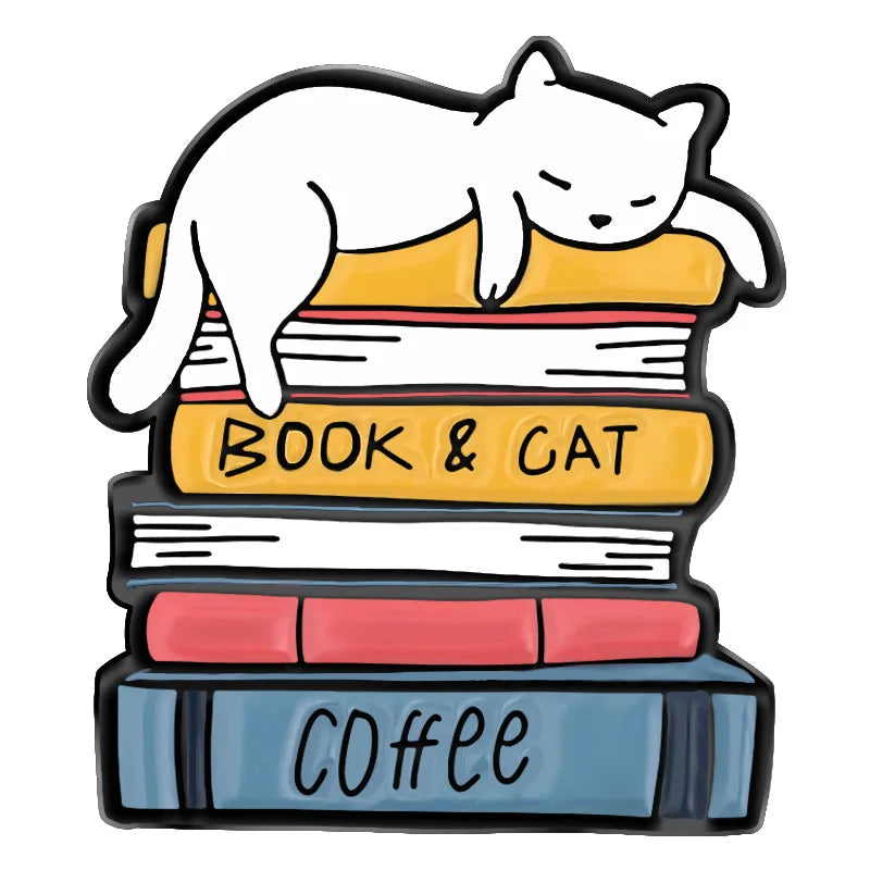 Book Cat Reading Coffee Enamel Pins Cartoon Animal Brooches for Bag Clothes Lapel Pin Decorative Badges for Book lover Wholesale