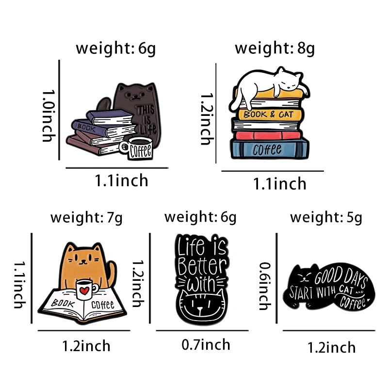 Book Cat Reading Coffee Enamel Pins Cartoon Animal Brooches for Bag Clothes Lapel Pin Decorative Badges for Book lover Wholesale