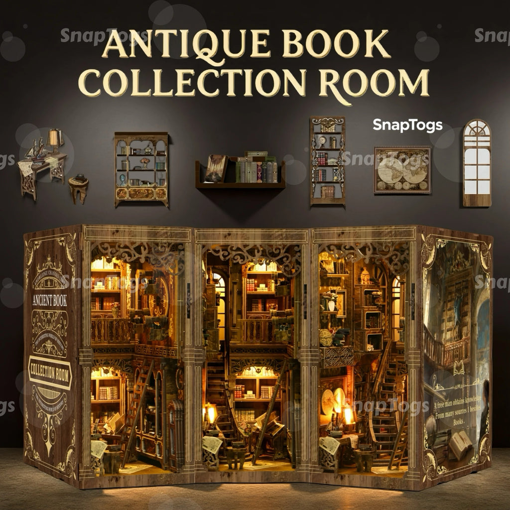 SnapTogs DIY Antique Book Collection Room Book Nook 3D Wooden Puzzle Miniature Dollhouse Tiny House Roombox Craft Kit for Gift