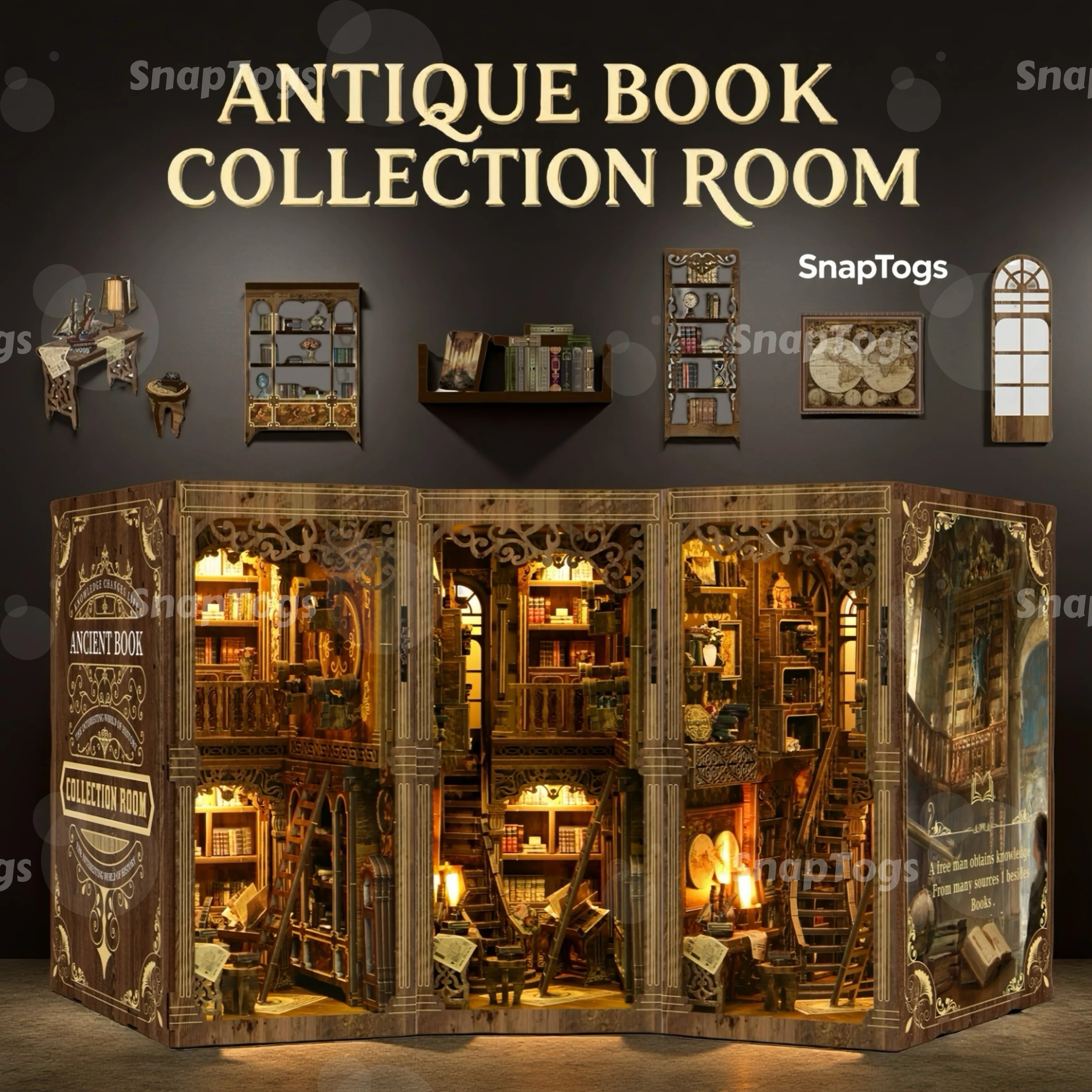 SnapTogs DIY Antique Book Collection Room Book Nook 3D Wooden Puzzle Miniature Dollhouse Tiny House Roombox Craft Kit for Gift