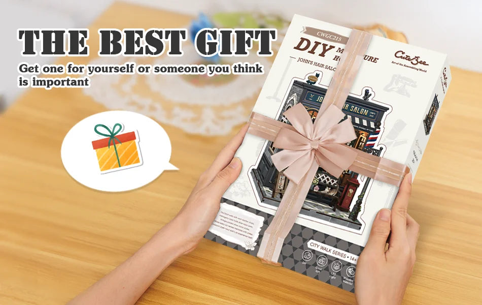 CUTEBEE Wooden Dollhouse DIY Book Nook Kit Miniature Bookshelf Insert with LED Light Gift Idea for John's Hair Salon