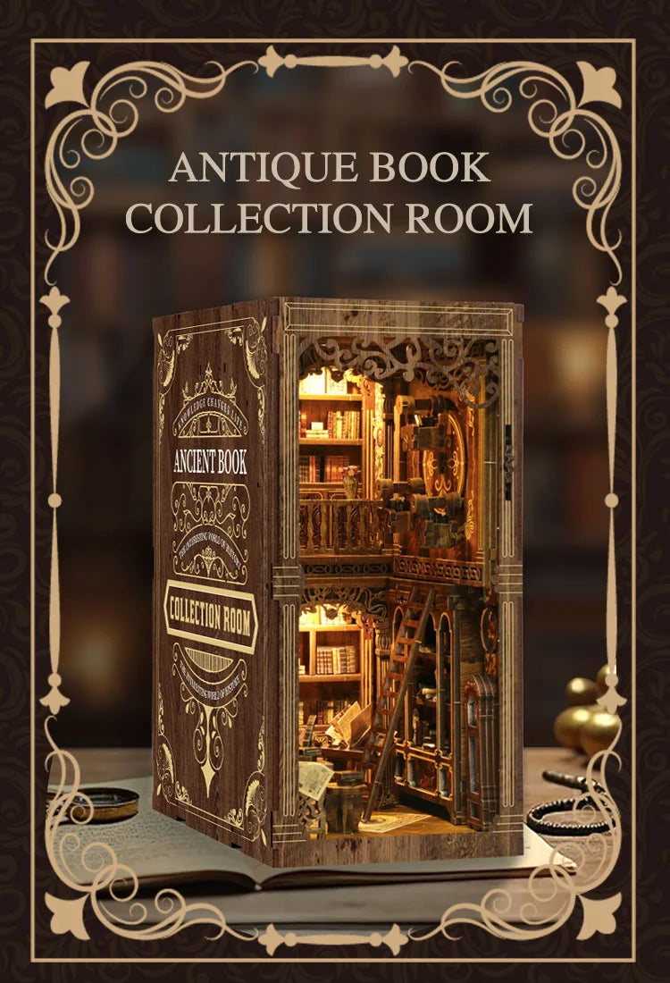 SnapTogs DIY Antique Book Collection Room Book Nook 3D Wooden Puzzle Miniature Dollhouse Tiny House Roombox Craft Kit for Gift